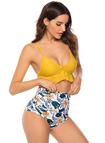 Voqeen Bikini Mujer de Cintura Alta con Volantes Halter de Dos Piezas Traje de baño Bikini Sets Ajustable Conjunto de Bikini Traje de baño con Honda