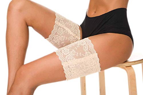 Voqeen Muslo Elástico Muslo Con bolsillo Bandas Evitar El Roce Encaje Muslo Anti-Chafing Bandas Evitar Roce Tener Con Bolsillo Para Celular (M: 58-63cm, Black + Skin)