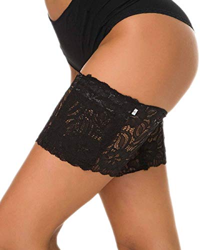 Voqeen Muslo Elástico Muslo Con bolsillo Bandas Evitar El Roce Encaje Muslo Anti-Chafing Bandas Evitar Roce Tener Con Bolsillo Para Celular (M: 58-63cm, Black + Skin)