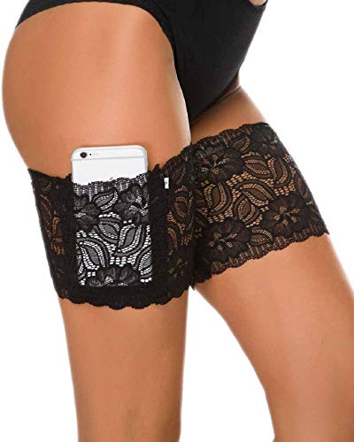 Voqeen Muslo Elástico Muslo Con bolsillo Bandas Evitar El Roce Encaje Muslo Anti-Chafing Bandas Evitar Roce Tener Con Bolsillo Para Celular (M: 58-63cm, Black + Skin)