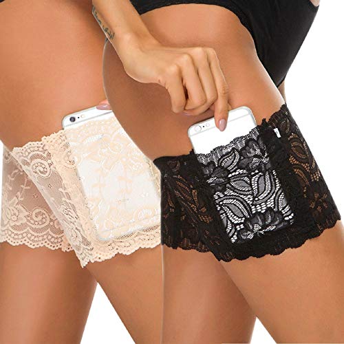 Voqeen Muslo Elástico Muslo Con bolsillo Bandas Evitar El Roce Encaje Muslo Anti-Chafing Bandas Evitar Roce Tener Con Bolsillo Para Celular (M: 58-63cm, Black + Skin)