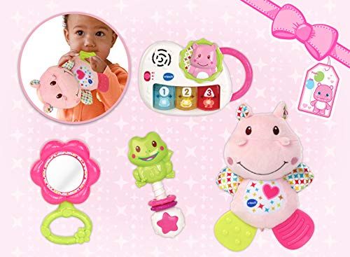 VTech - Canastilla de juguetes, estuche de regalo para bebé recién nacido que incluye peluche mordedor, sonajero, piano interactivo y espejo de seguridad, color rosa (80-522057)