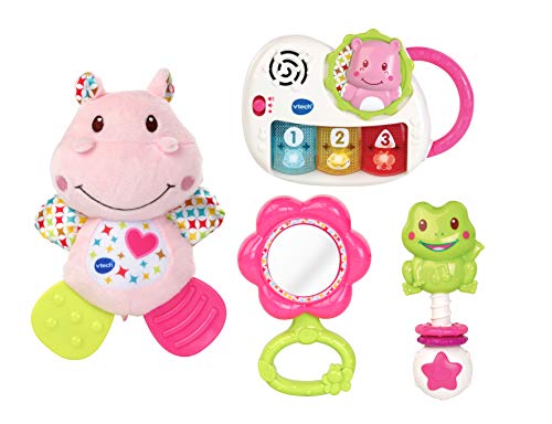 VTech - Canastilla de juguetes, estuche de regalo para bebé recién nacido que incluye peluche mordedor, sonajero, piano interactivo y espejo de seguridad, color rosa (80-522057)