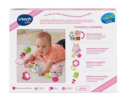 VTech - Canastilla de juguetes, estuche de regalo para bebé recién nacido que incluye peluche mordedor, sonajero, piano interactivo y espejo de seguridad, color rosa (80-522057)