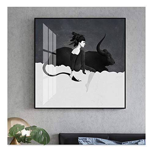 W15Y8 Abstrakte Mädchen Und Alte Kuh Dekorative Malerei Wandkunst Leinwand Malerei Und Druck Für Moderne Home Wohnzimmer Dekoration -60X60Cm No Frame
