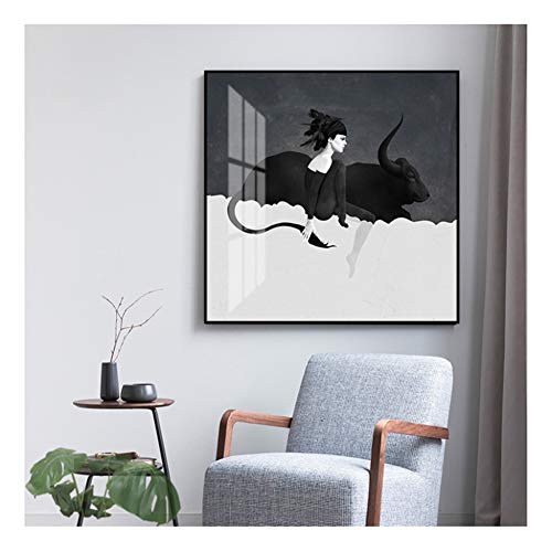 W15Y8 Abstrakte Mädchen Und Alte Kuh Dekorative Malerei Wandkunst Leinwand Malerei Und Druck Für Moderne Home Wohnzimmer Dekoration -60X60Cm No Frame