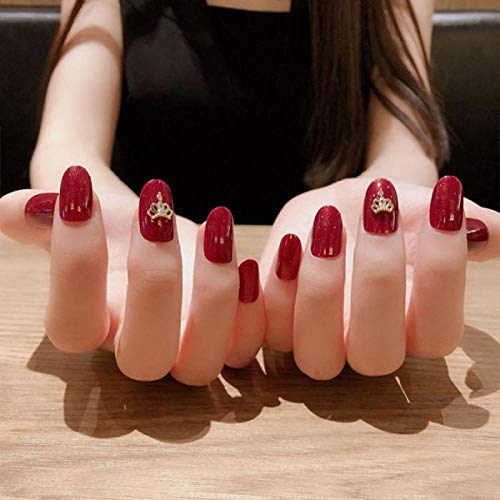 Wamgguifu Venta Caliente De Moda Vino Rojo Uñas Postizas, Decoración De Corona Dorada, Uñas Postizas Cuadradas Cortas, Caucho Artificial Acrílico, Con Pegamento 24Pcs