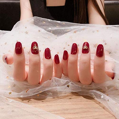 Wamgguifu Venta Caliente De Moda Vino Rojo Uñas Postizas, Decoración De Corona Dorada, Uñas Postizas Cuadradas Cortas, Caucho Artificial Acrílico, Con Pegamento 24Pcs