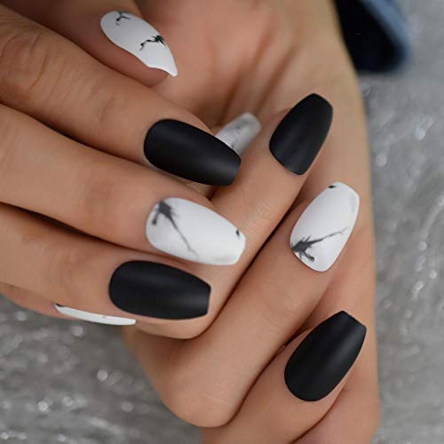 Wangguifu Venta Caliente Decoración De Mármol Mate Uñas Postizas Blanco Negro Diseño Mixto Uñas Postizas Puntas De Uñas En Forma De Ataúd Medio 48 Piezas