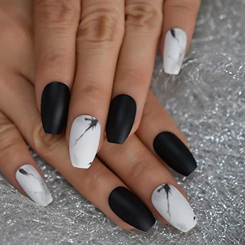 Wangguifu Venta Caliente Decoración De Mármol Mate Uñas Postizas Blanco Negro Diseño Mixto Uñas Postizas Puntas De Uñas En Forma De Ataúd Medio 48 Piezas