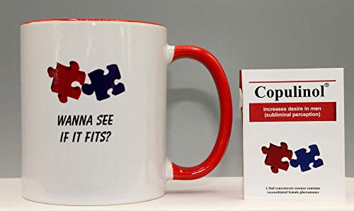 ¿Wanna See If It Fits? Taza divertida, Día de la Madre, Cumpleaños, Día de San Valentín, Navidad, Taza de café de té de oficina 325 ml y COPULINOL 1.5 ml 100% de feromona para mujeres