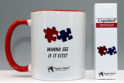 ¿Wanna See If It Fits? Taza divertida, Día de la Madre, Día de San Valentín, Cumpleaños, Navidad, Taza de café de té de oficina 325 ml y COPULINOL 5 ml 100% de feromona para mujeres