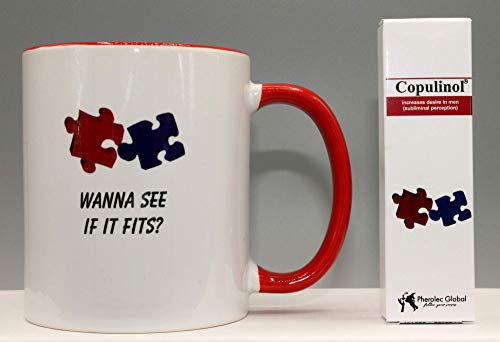 ¿Wanna See If It Fits? Taza divertida, Día de la Madre, Día de San Valentín, Cumpleaños, Navidad, Taza de café de té de oficina 325 ml y COPULINOL 5 ml 100% de feromona para mujeres