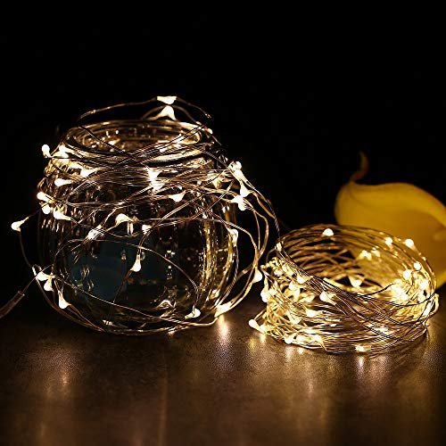 Weehey 12m 120 LED Luces de Hadas Luces de Cuerda USB IP65 Impermeable Alambre de Plata Blanco Cálido Decor del árbol de Navidad para Decoración de Fiestas Boda, Interior/Exterior…