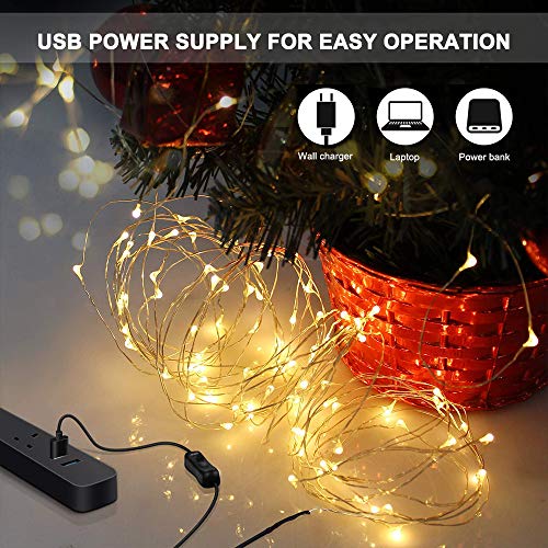 Weehey 12m 120 LED Luces de Hadas Luces de Cuerda USB IP65 Impermeable Alambre de Plata Blanco Cálido Decor del árbol de Navidad para Decoración de Fiestas Boda, Interior/Exterior…