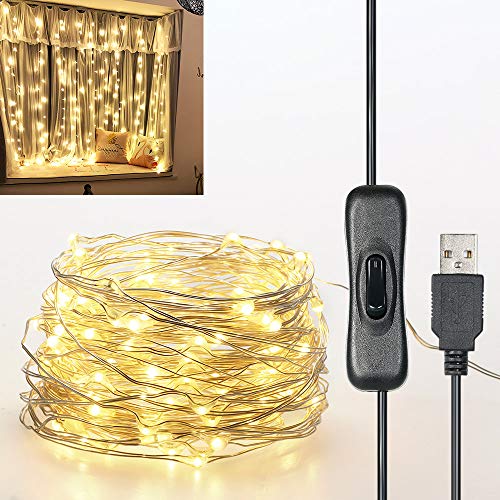 Weehey 12m 120 LED Luces de Hadas Luces de Cuerda USB IP65 Impermeable Alambre de Plata Blanco Cálido Decor del árbol de Navidad para Decoración de Fiestas Boda, Interior/Exterior…