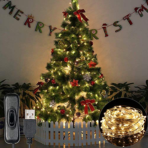 Weehey 12m 120 LED Luces de Hadas Luces de Cuerda USB IP65 Impermeable Alambre de Plata Blanco Cálido Decor del árbol de Navidad para Decoración de Fiestas Boda, Interior/Exterior…
