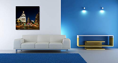 weewado Gran vía la Calle en Madrid, España en la Noche - 40x40 cm - Impresion en Lienzo - Muro de Arte - Canvas, Cuadro, Poster - City Trip & Travel