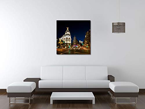 weewado Gran vía la Calle en Madrid, España en la Noche - 40x40 cm - Impresion en Lienzo - Muro de Arte - Canvas, Cuadro, Poster - City Trip & Travel