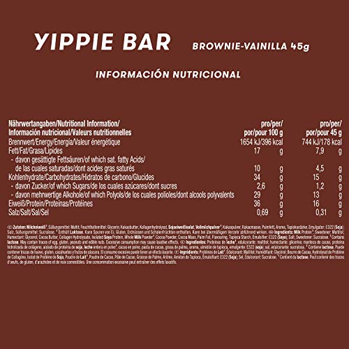 Weider Yippie Bar. Barrita de Proteína 36%. Bajo contenido en Carbohidratos y Azúcares. Sabor Brownie-Vainilla (12x45 g)