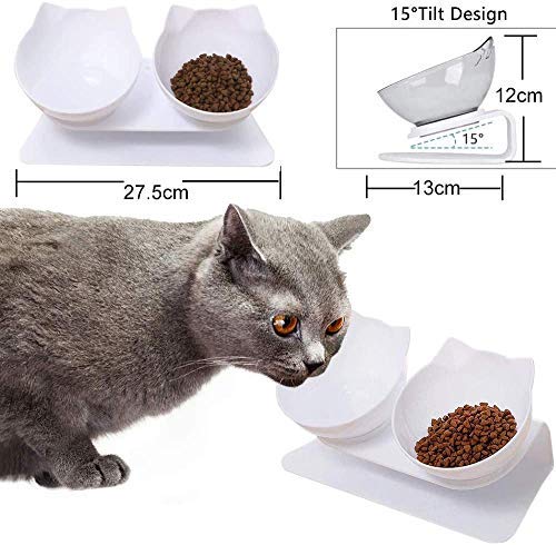 WELLXUNK Cuenco del Gato,Tcuencos Dobles para Gatos, Ajustable Inclinado De 15 ° Tazón Doble, Tazón de Gato Ortopédico, Apto para Gatos y Cachorros (Blanco)