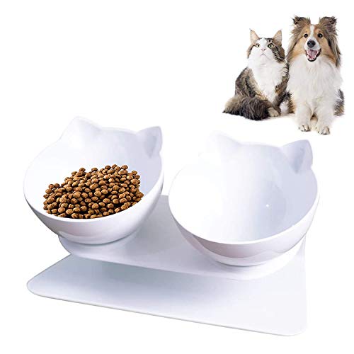 WELLXUNK Cuenco del Gato,Tcuencos Dobles para Gatos, Ajustable Inclinado De 15 ° Tazón Doble, Tazón de Gato Ortopédico, Apto para Gatos y Cachorros (Blanco)