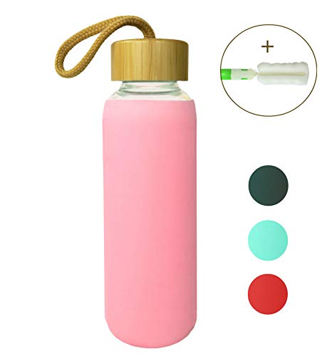 Wenburg Cantimplora Botella de Cristal con Tapa de bambú 550 ml, Cubierta de Silicona. Botella Deportiva/Botella de Agua de Vidrio. para Llevar. para té, Agua, Batidos (Rosa, 0,5 l)