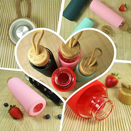 Wenburg Cantimplora Botella de Cristal con Tapa de bambú 550 ml, Cubierta de Silicona. Botella Deportiva/Botella de Agua de Vidrio. para Llevar. para té, Agua, Batidos (Rosa, 0,5 l)