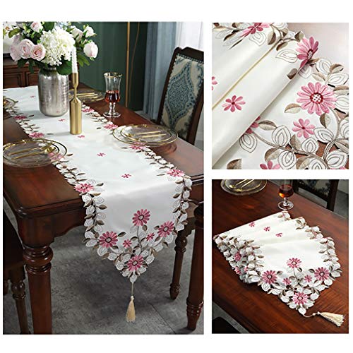 WENLI Table Runner Caminos De Mesa Rectangulares Bordado Camino De Mesa Flores Rústico Tabla Floral Corredor De La Tabla Blanca Pañito Bordado Rose Camino De Mesa con Borlas (Size : 140 * 200cm)