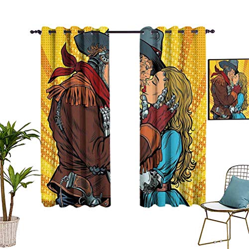 Western Decor - Cortinas para oscurecer habitación para dormitorio Steampunk Robots estilo occidental Cowboy besos a la chica ilustración mantener un buen sueño amarillo y marrón W63 x L63 pulgadas