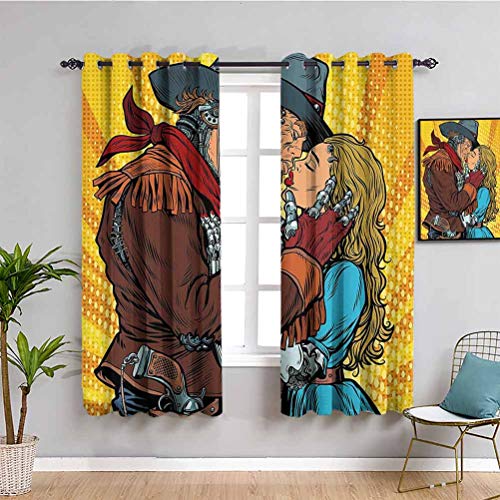 Western Decor - Cortinas para oscurecer habitación para dormitorio Steampunk Robots estilo occidental Cowboy besos a la chica ilustración mantener un buen sueño amarillo y marrón W63 x L63 pulgadas