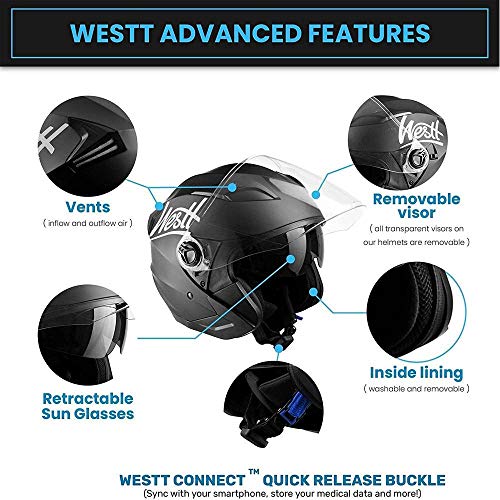 Westt Jet Casco de Moto Abierto Negro Mate con Doble Visera - Motocicleta Scooter - Certificado ECE