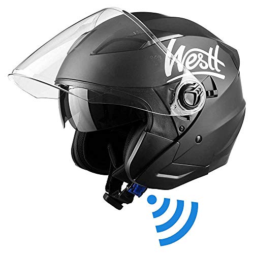Westt Jet Casco de Moto Abierto Negro Mate con Doble Visera - Motocicleta Scooter - Certificado ECE