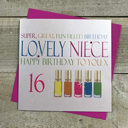 White Cotton Cards "Super, Gran, Relleno de Fun cumpleaños Lovely Sobrina Happy Birthday To You 16" Barnices de uñas de neón Tarjeta de 16º cumpleaños, Color Blanco
