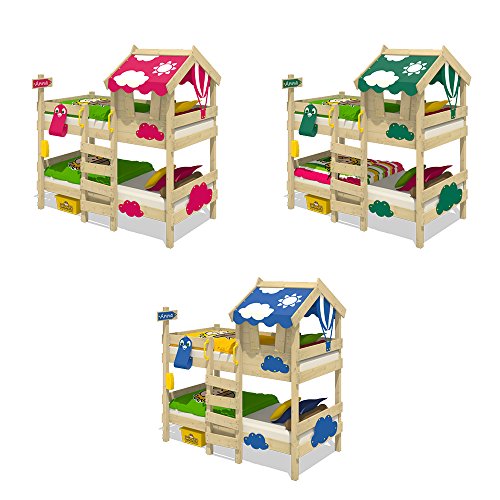 WICKEY Litera CrAzY Daisy Cama infantil Cama alta con techo, ventana, escalera y somier de madera, lona fucsia