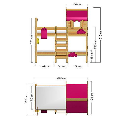 WICKEY Litera CrAzY Daisy Cama infantil Cama alta con techo, ventana, escalera y somier de madera, lona fucsia