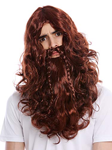 WIG ME UP- 90760-A+B-ZA340B Peluca y Barba Trenzado Largo Vikingo Salvaje Hombre del Norte bárbaro Enano marrón