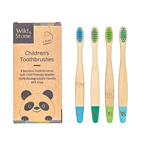 Wild & Stone | Cepillo de dientes de bambú orgánico para niños | Quattro Colori di Acqua | Soffice fibra setole | Mango 100% biodegradable | Cepillos de dientes veganos orgánicos