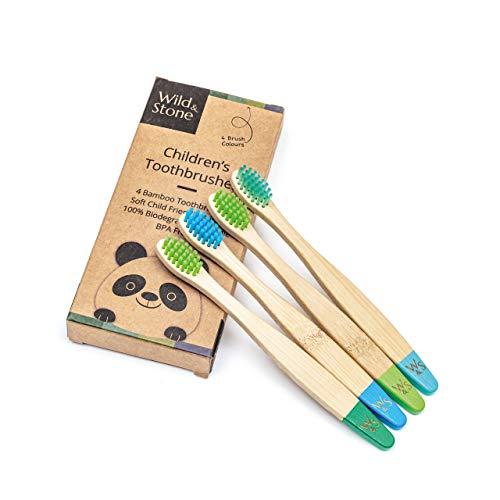 Wild & Stone | Cepillo de dientes de bambú orgánico para niños | Quattro Colori di Acqua | Soffice fibra setole | Mango 100% biodegradable | Cepillos de dientes veganos orgánicos