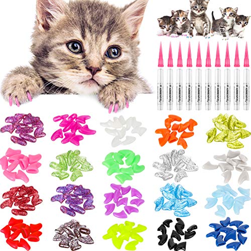 WILLBOND 200 Piezas Tapas de Uñas de Gato Coloridas Cubiertas de Garras Uñas Suaves de Gatos con 10 Piezas Pegamentos Adhesivos y 10 Piezas Aplicadores con Instrucción para Mascotas Gatos