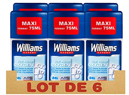 Williams Expert Déodorant Homme Stick Antibactérien, Protection 24h Ice Pure Oxygen, Anti-Traces Blanches, Formule Testée Dermatologiquement, Sans Sels d'Aluminium (Lot de 6x75ml)