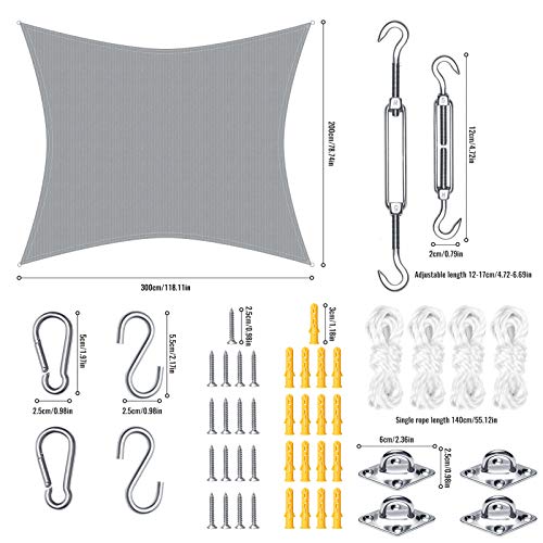 Wilxaw Vela de Sombra Impermeable 3 x 2m Toldo Protección Solar con Kit de Fijación Vela Solar para Patio Exteriores Jardín Terraza y Balcón, Gris