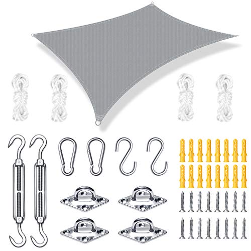 Wilxaw Vela de Sombra Impermeable 3 x 2m Toldo Protección Solar con Kit de Fijación Vela Solar para Patio Exteriores Jardín Terraza y Balcón, Gris