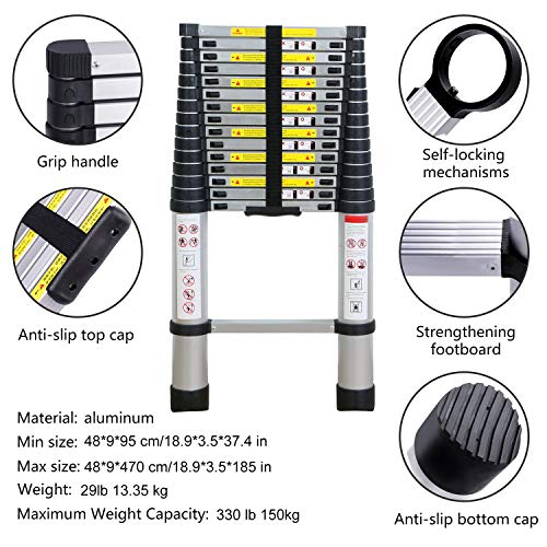 WolfWise 4,7M Escalera telescópica, Extensión telescópica de aluminio Escalera multifunción, extensible, 330 lb / 150 kg Negro