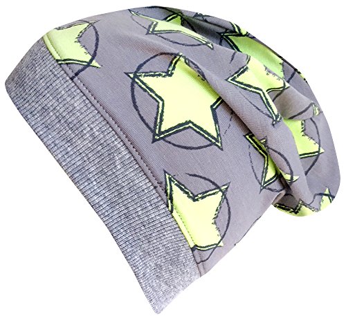 Wollhuhn 20180502 Circle Stars - Gorro de lana (certificado ecológico, para niños y niñas), diseño de estrellas, color gris y verde Cicle Stars gris / verde 48-50