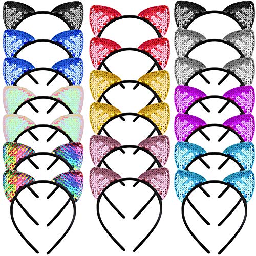 WXJ13 20 piezas orejas de gato diademas reversibles con lentejuelas para la cabeza de gato