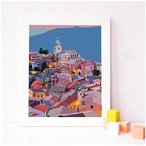 wzgsffs Póster de España, Impresiones artísticas de Pared, Ilustraciones Coloridas de Albarracín, Arte de Aragón Teruel, Pintura en Lienzo, decoración de Pared, 20X28 Pulgadas sin Marco