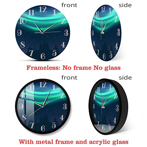 XCJX 12 Pulgadas con Marco Reloj de Pared con Ilustraciones de Auroras boreales de Paisaje Natural Auroras boreales Verdes no Hace tictac Reloj de Pared Deportivo silencioso Sala de Estar