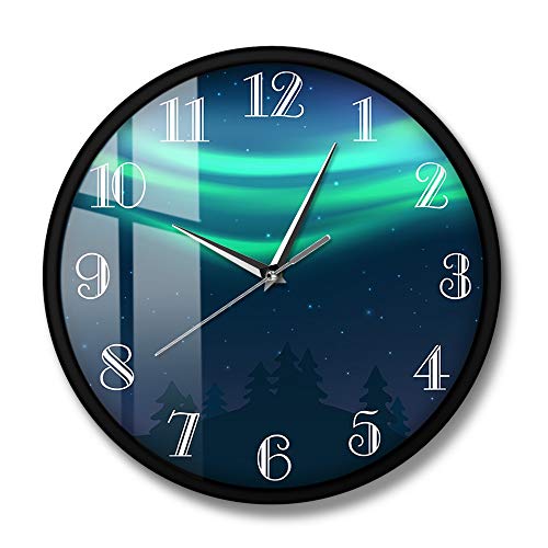 XCJX 12 Pulgadas con Marco Reloj de Pared con Ilustraciones de Auroras boreales de Paisaje Natural Auroras boreales Verdes no Hace tictac Reloj de Pared Deportivo silencioso Sala de Estar