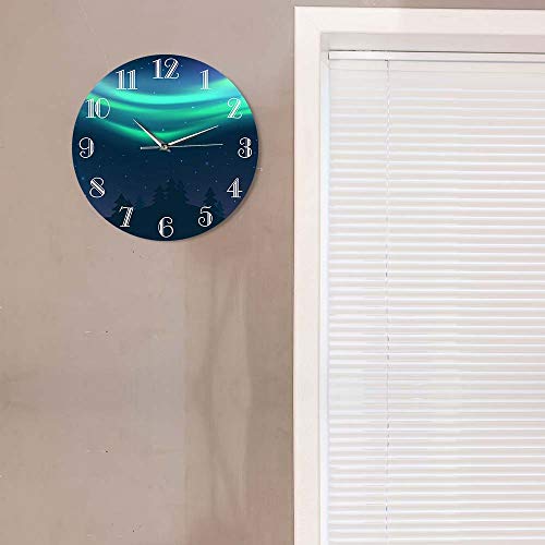 XCJX 12 Pulgadas sin Marco Reloj de Pared con Ilustraciones de Auroras boreales de Paisaje Natural Auroras boreales Verdes no Hace tictac Reloj de Pared Deportivo silencioso Sala de Estar